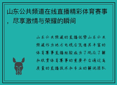 山东公共频道在线直播精彩体育赛事，尽享激情与荣耀的瞬间