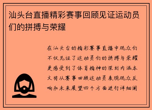 汕头台直播精彩赛事回顾见证运动员们的拼搏与荣耀