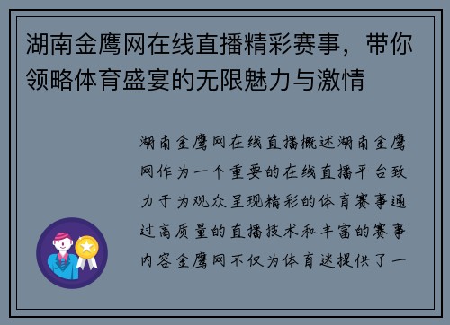 湖南金鹰网在线直播精彩赛事，带你领略体育盛宴的无限魅力与激情